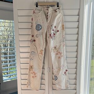 Reformation Cream Floral Straight Leg Jeans